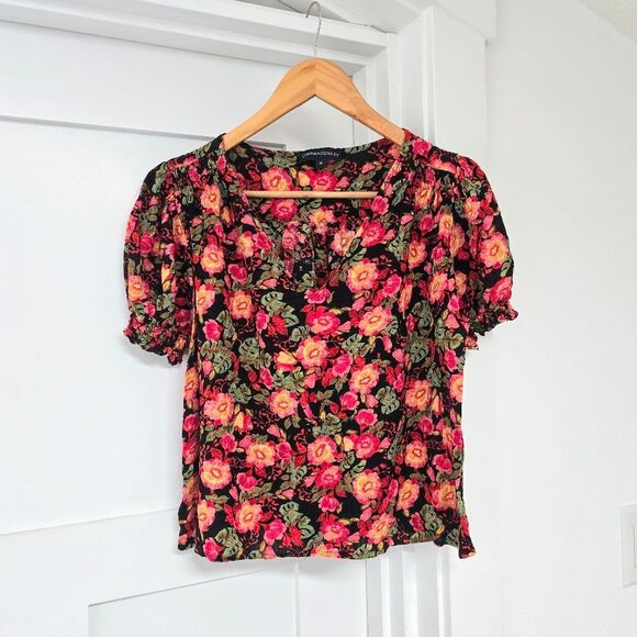 Cynthia Rowley Fall Florals Rayon Short Flutter Sleeve Blouse in Red - Picture 1 of 10